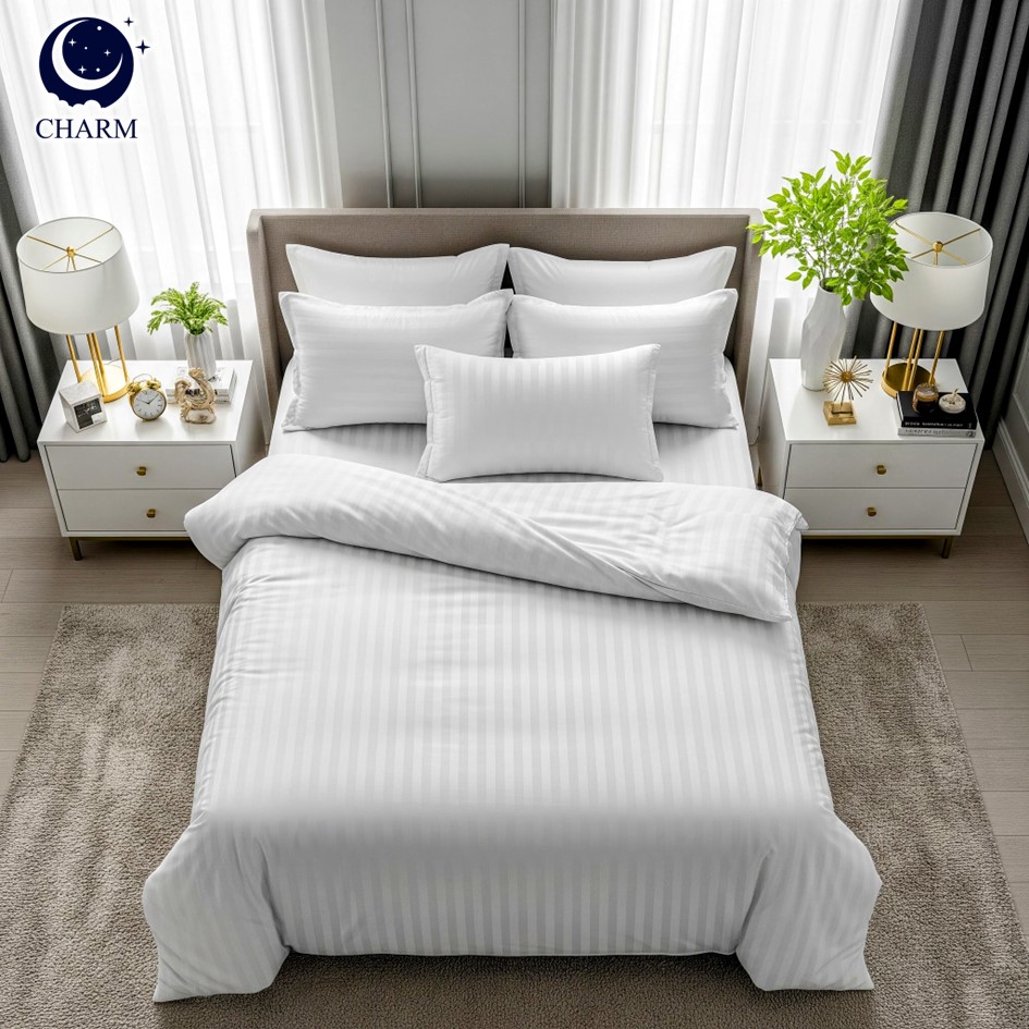 ชุดเครื่องนอน 5 ฟุต 6 ชิ้น CHARM ผ้าซาตินลายริ้ว สีขาว_1